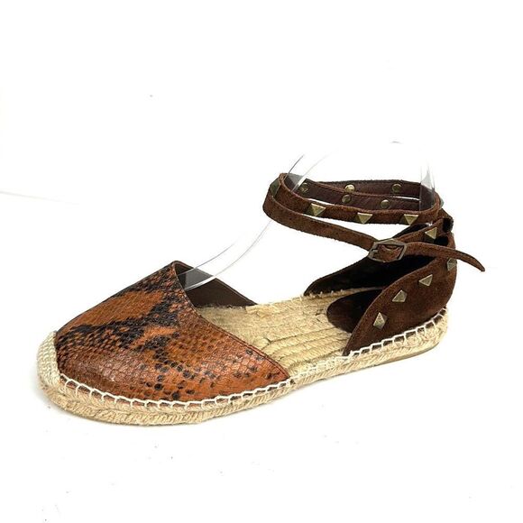Ash Shoes - ASH Spain Rockstud Leather Suede Flat Espadrilles Brown Piton Print 37 US 6,5